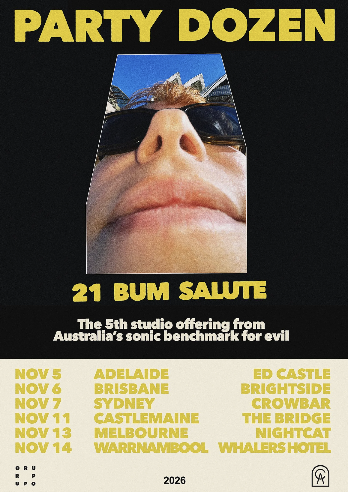Tour poster for Party Dozen 21 Bum Salute featuring a low-angle photo above Australian concert tour dates for November 2026.